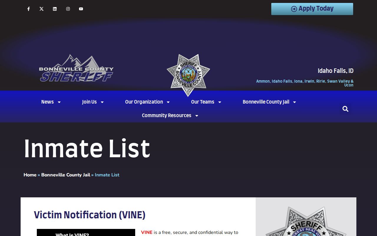 Bonneville County Idaho inmate-list page that routes to VINE and current custody information