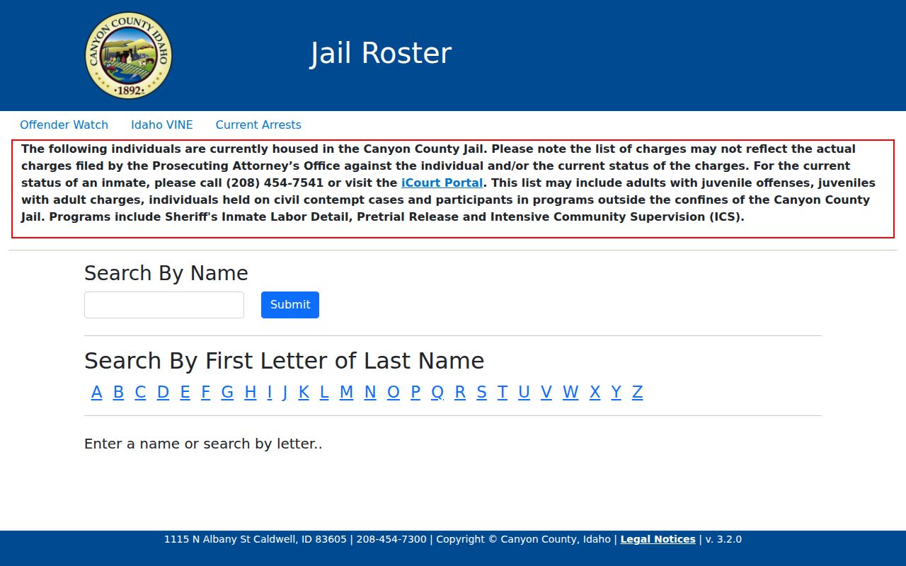 Canyon County Idaho jail roster search interface for custody records, not a statewide arrest list