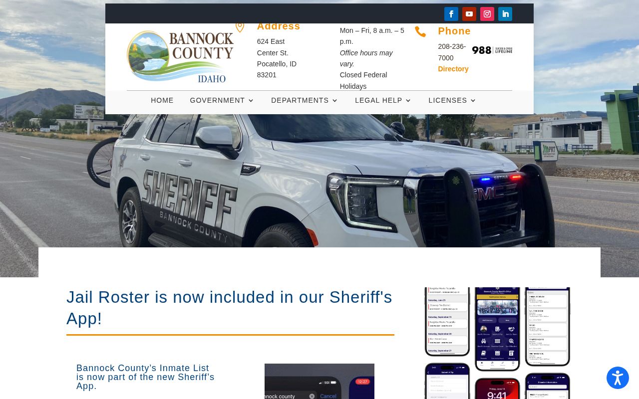 Bannock County Idaho sheriff page describing its jail roster and public safety app