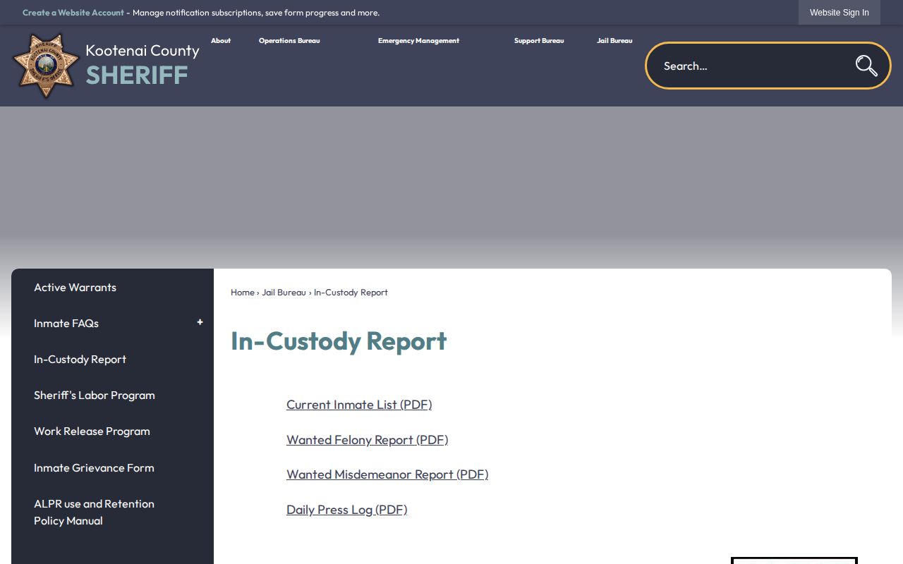 Kootenai County Idaho sheriff report hub linking a daily log and current custody report