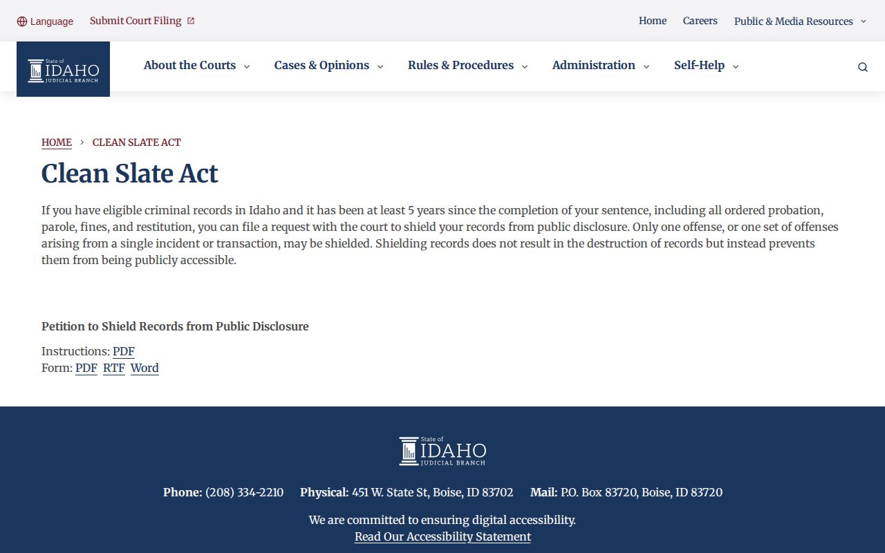Idaho Clean Slate Act page with instructions to petition to shield eligible records