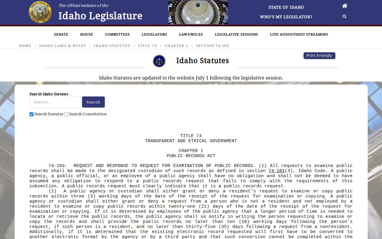 Idaho statute 74-103 for public-records request responses and timing