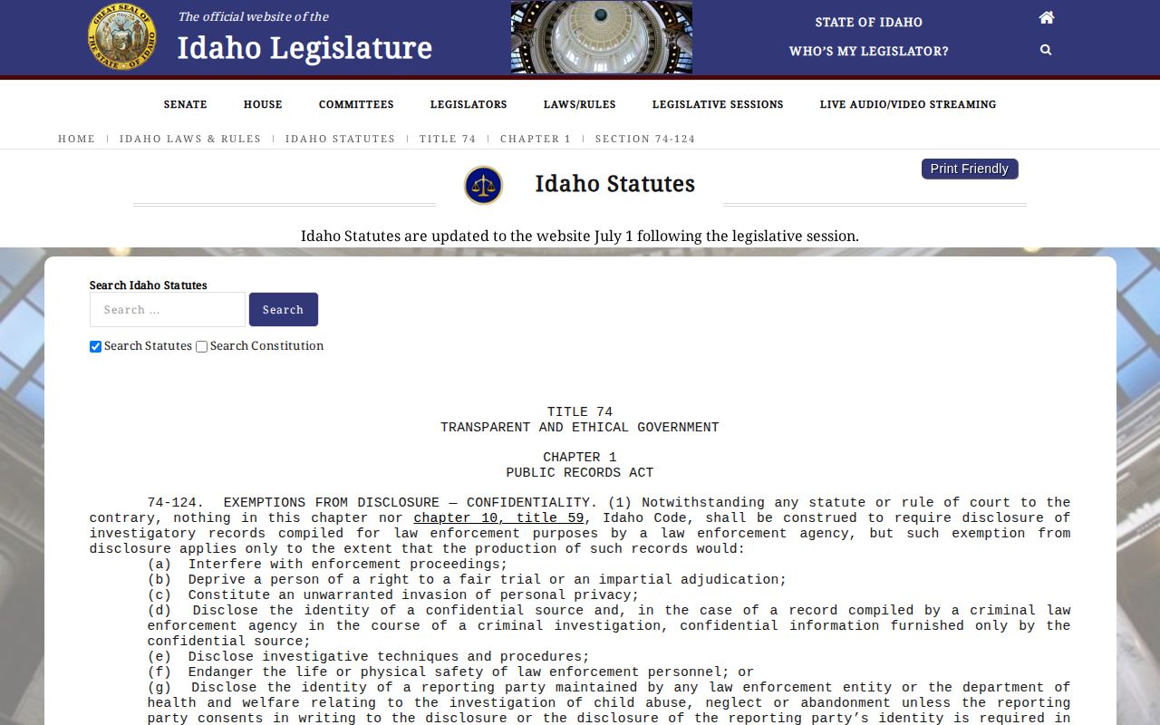 Idaho Public Records Law section 74-124 on law-enforcement records and public access
