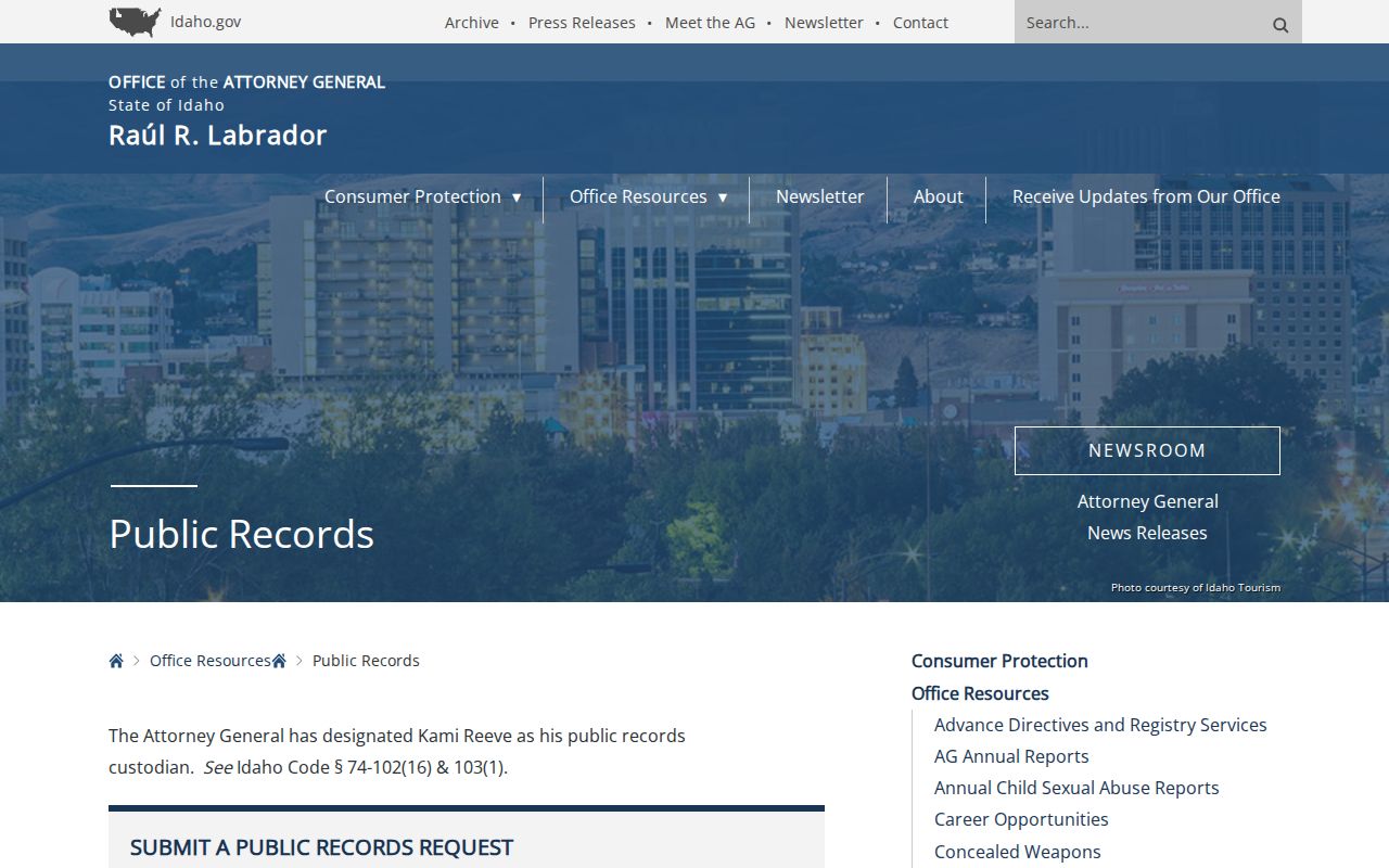 Idaho Attorney General public records guidance for arrest-record requests
