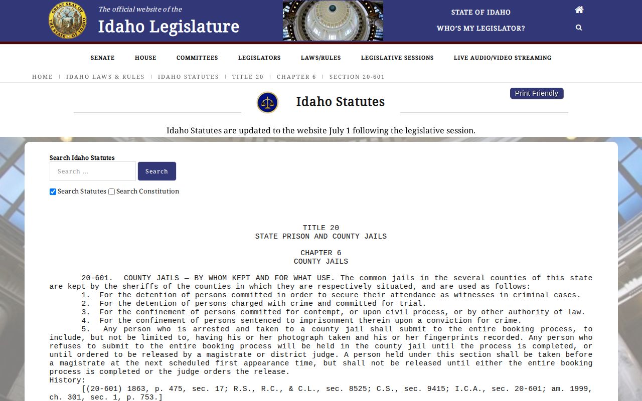 Idaho Code section 20-601, the county jail booking statute for arrest records