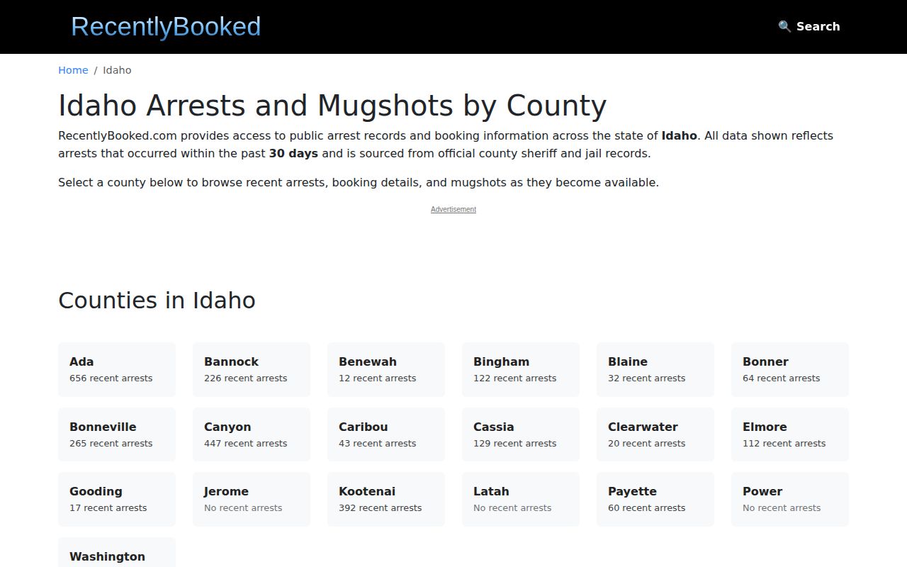 RecentlyBooked Idaho county directory, a partial third-party arrest index rather than an official roster