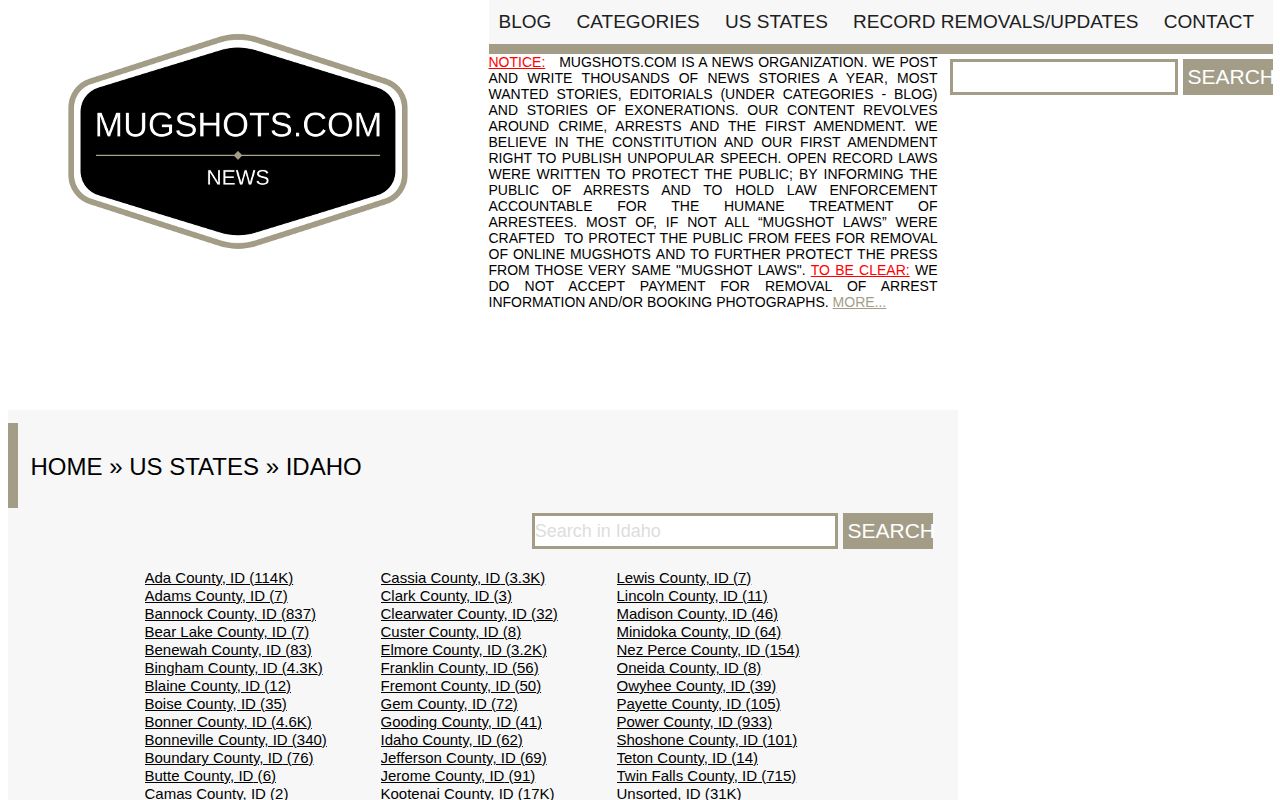 Mugshots.com Idaho state directory page, a third-party index rather than an Idaho government source