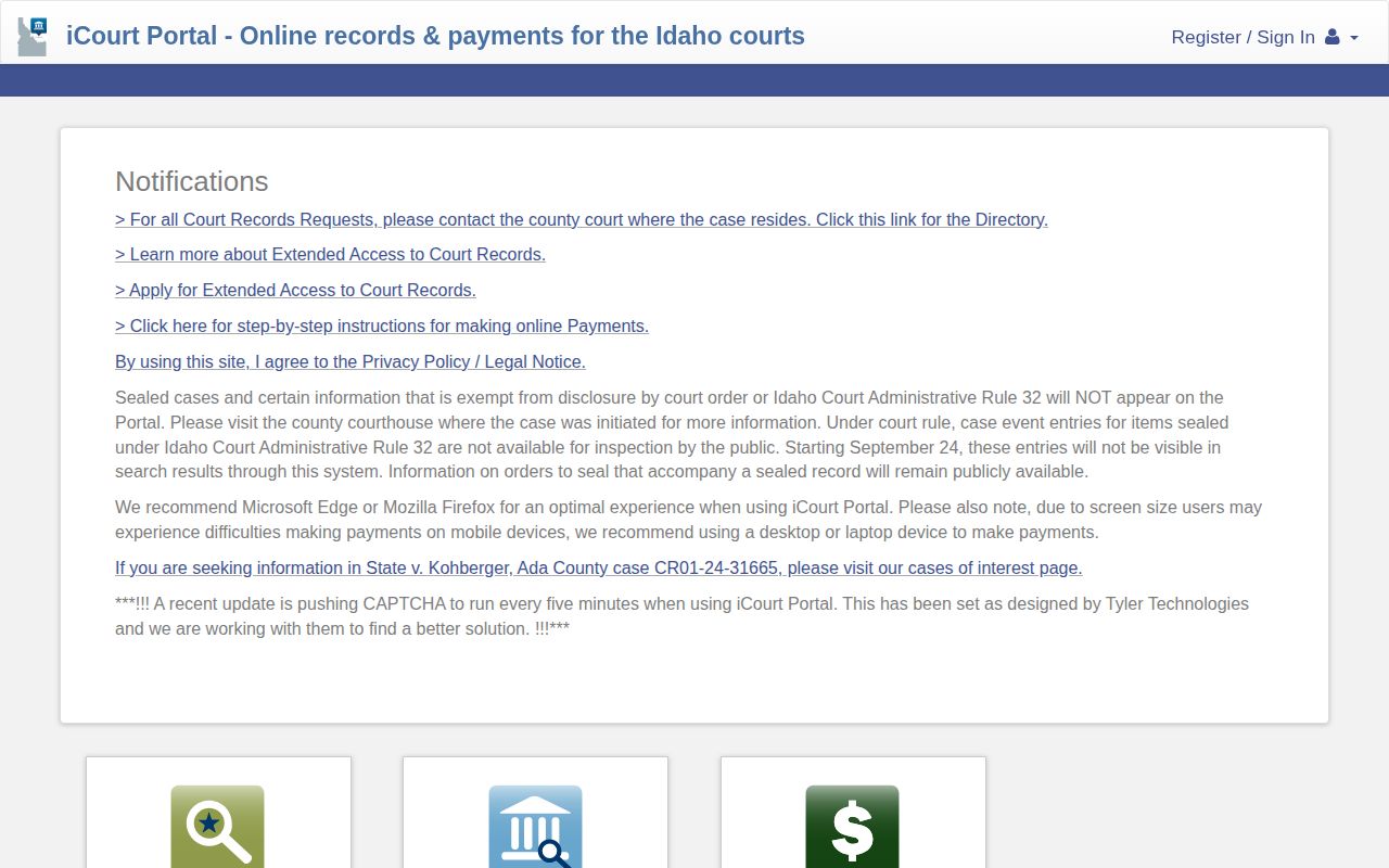 Idaho iCourt portal for public arrest-related case and warrant information