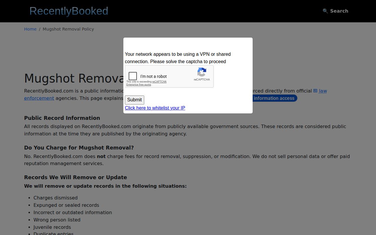 Idaho arrest record correction policy page from RecentlyBooked, a secondary source
