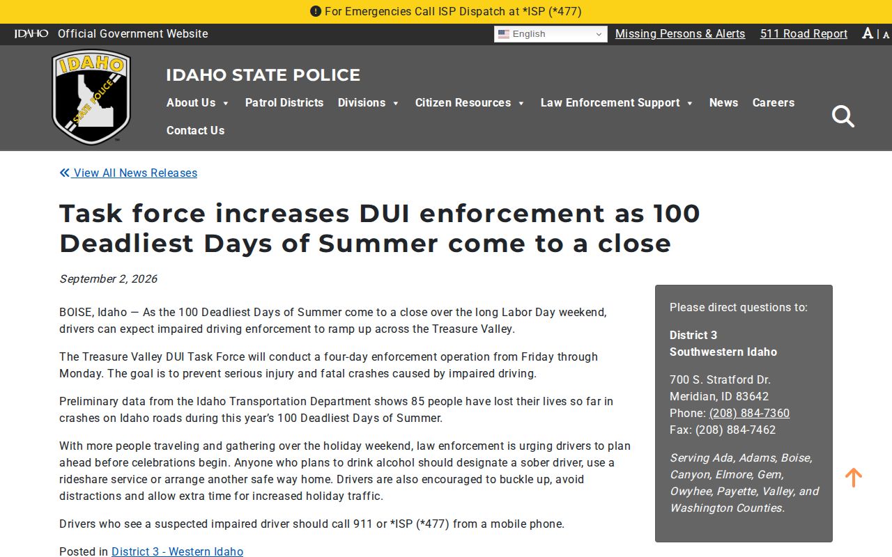 Idaho State Police arrest and enforcement news release