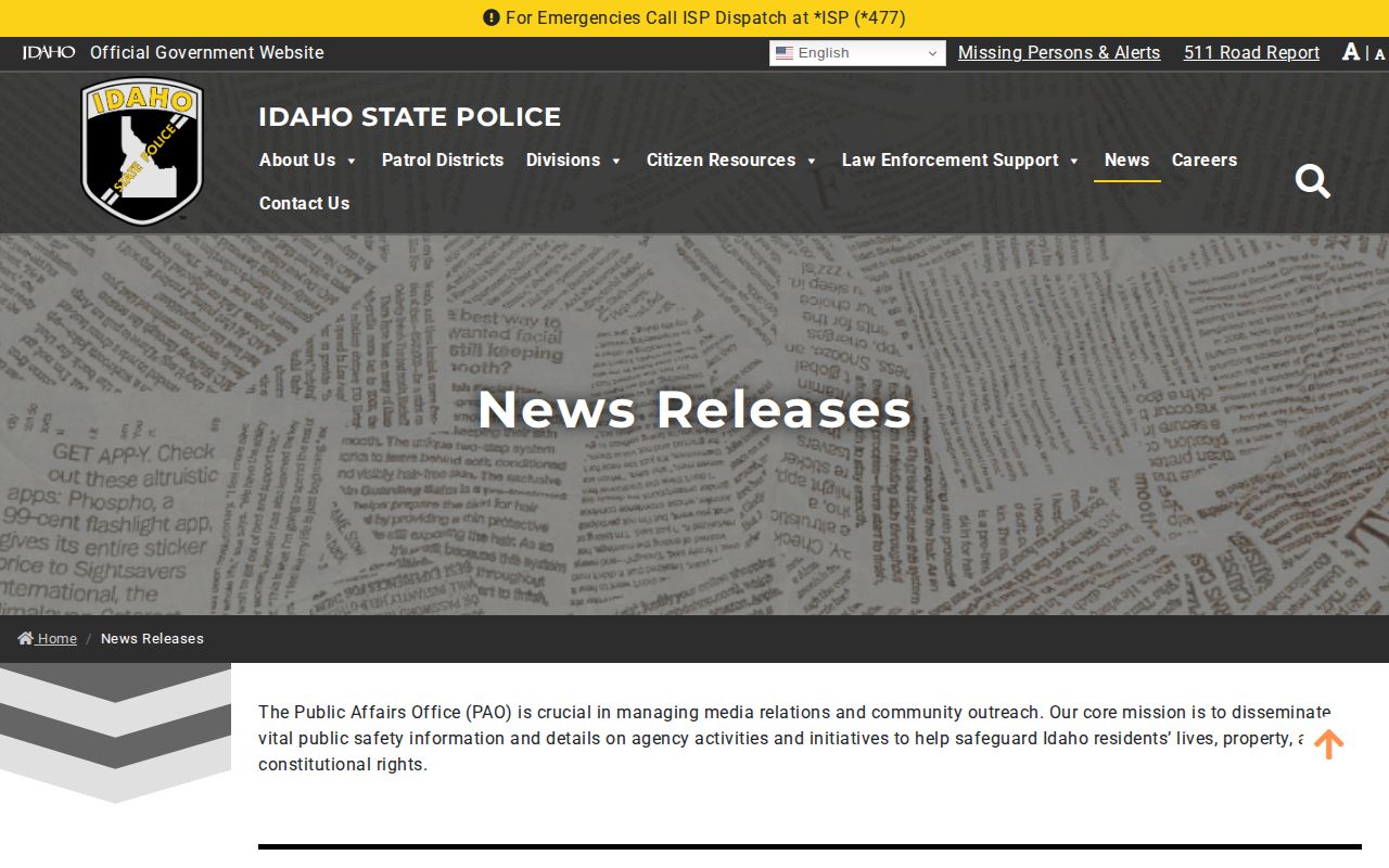 Idaho State Police official news releases page used for selected arrest and enforcement updates