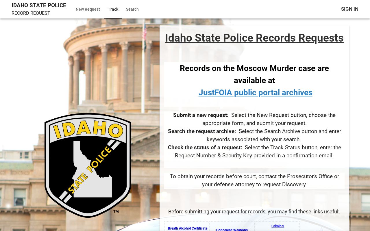 Idaho State Police JustFOIA public records request portal