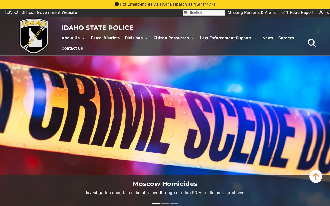 Official Idaho State Police website and statewide agency navigation
