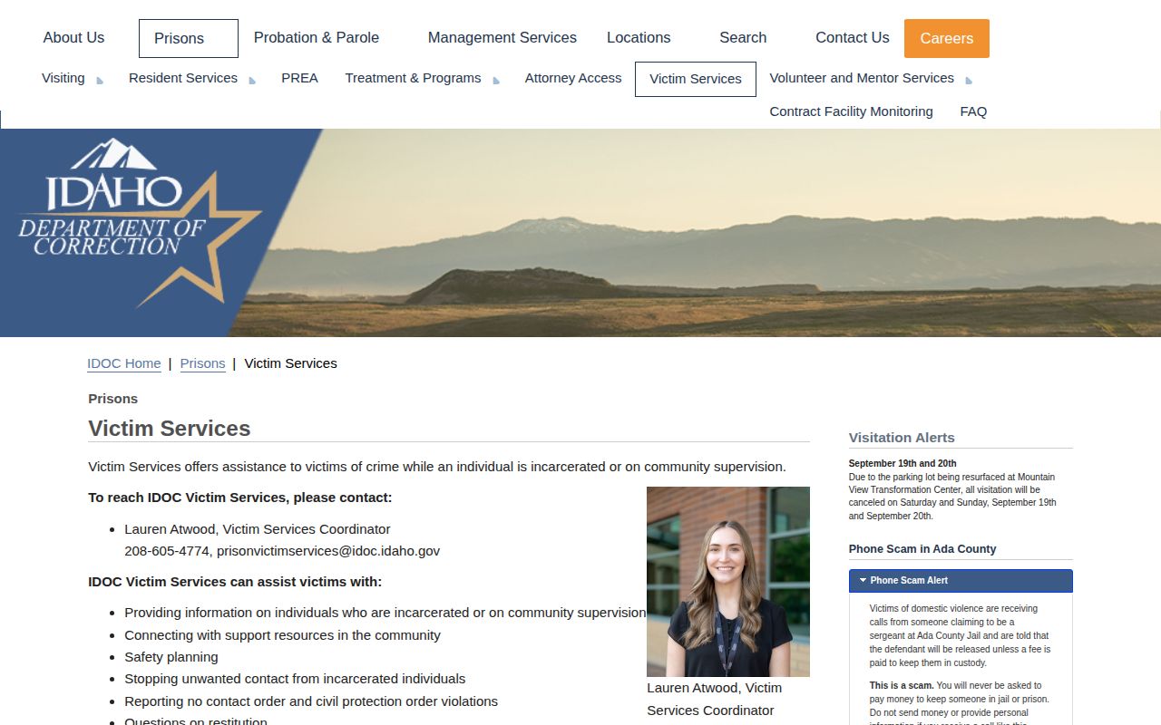 Idaho Department of Correction custody alert information
